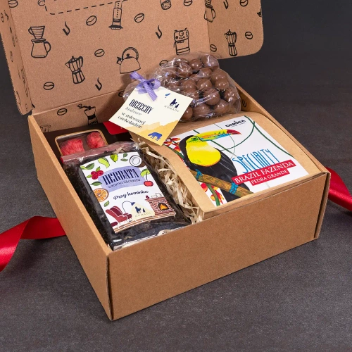 Zestaw prezentowy kawa, herbata, czekolada, orzechy średni