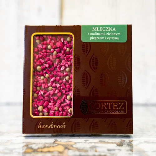Czekolada mleczna z malinami, zielonym pieprzem i cytryną Cortez 85g