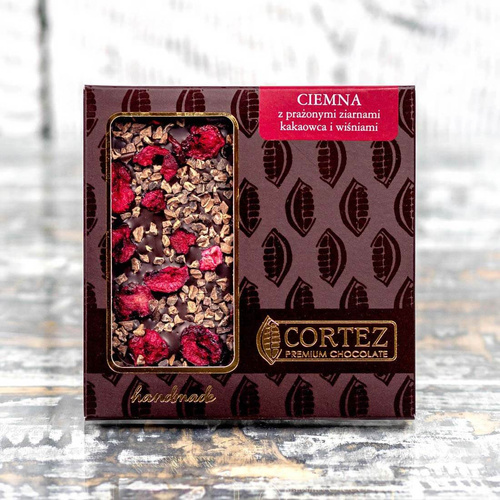 Czekolada ciemna z prażonymi ziarnami kakaowca i wiśniami Cortez 85 g
