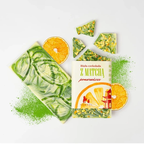 Czekolada biała z pomarańczą i herbatą matcha Nomads 85 g