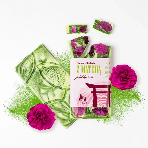Czekolada biała z herbatą matcha i płatkami róży Nomads 85 g
