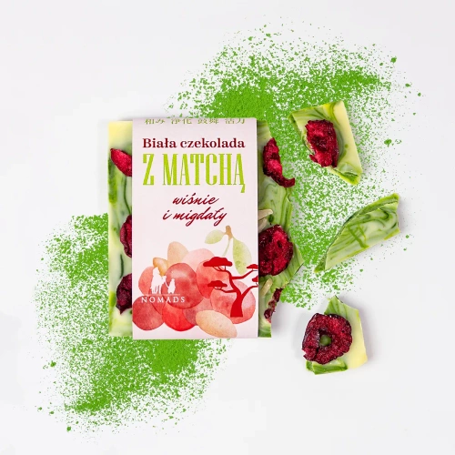 Czekolada biała z wiśnią, migdałem i herbatą matcha Nomads 35 g