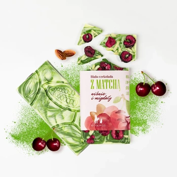 Czekolada biała z wiśnią, migdałem i herbatą matcha Nomads 85 g